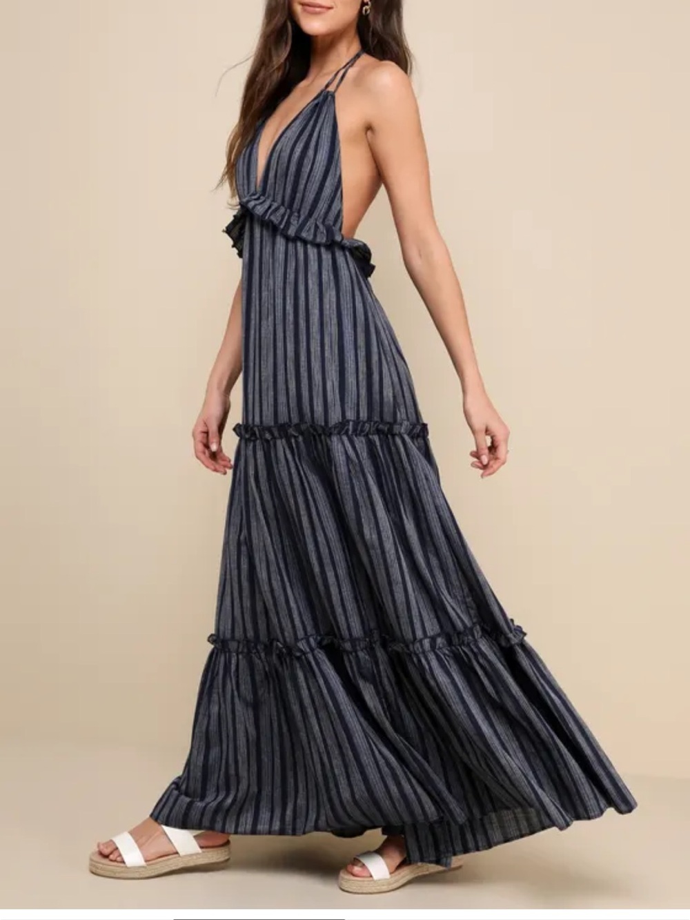 Lulu's Navy and Black Striped Maxi Halter Dress